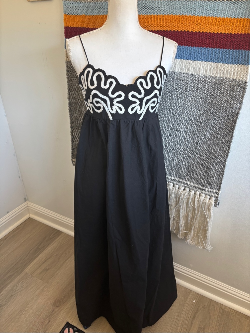 Commense Cotton Black Maxi Dress with White Embroidery